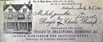 CHARLES BEECROFTS BILLHEAD FROM WHEN HE WAS AT THE OLD ELIZABETHAN HOUSE, HIGH STREET, NOTTINGHAM CHARLES BEECROFTS BILLHEAD FROM WHEN HE WAS AT THE OLD ELIZABETHAN HOUSE, HIGH STREET, NOTTINGHAM