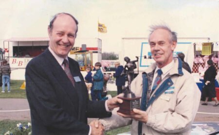 David Beecroft presenting the Christine Beecroft Memorial Trophy to Newark & Notts Agricultural Society, 1990